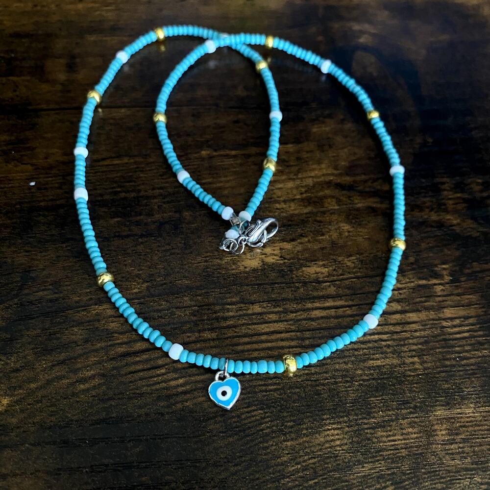 Evil Eye charm seed bead necklace